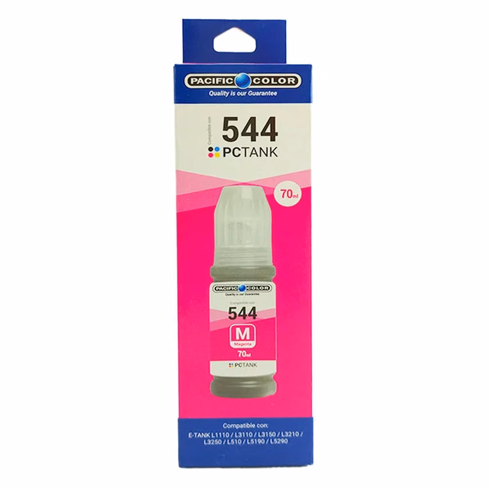 Caja de la Botella de Tinta Compatible Epson T544 Magenta Pacific Color, vista frontal con lista de compatibilidad