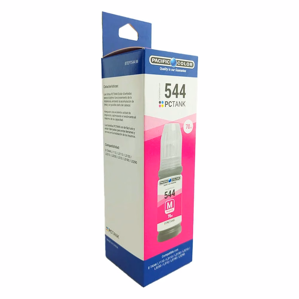 Caja de la Botella de Tinta Compatible Epson T544 Magenta Pacific Color, vista lateral con características y código BTEPT544 M