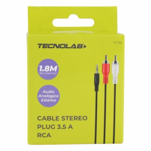Caja original del Cable Estéreo Tecnolab TL739, verde, vista frontal con especificación 1.8M y audio analógico estéreo