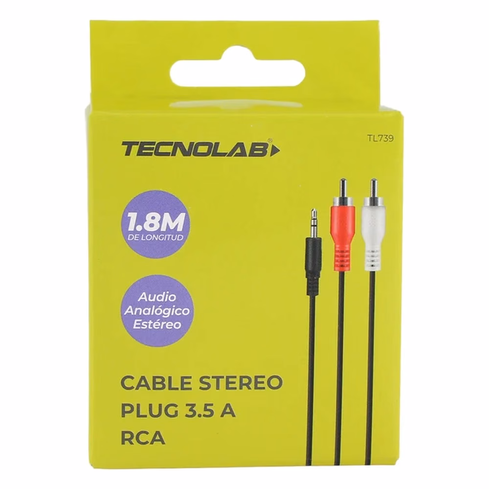 Caja original del Cable Estéreo Tecnolab TL739, verde, vista frontal con especificación 1.8M y audio analógico estéreo