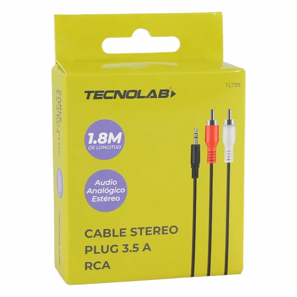 Caja original del Cable Estéreo Tecnolab TL739, vista en ángulo mostrando el lateral del empaque