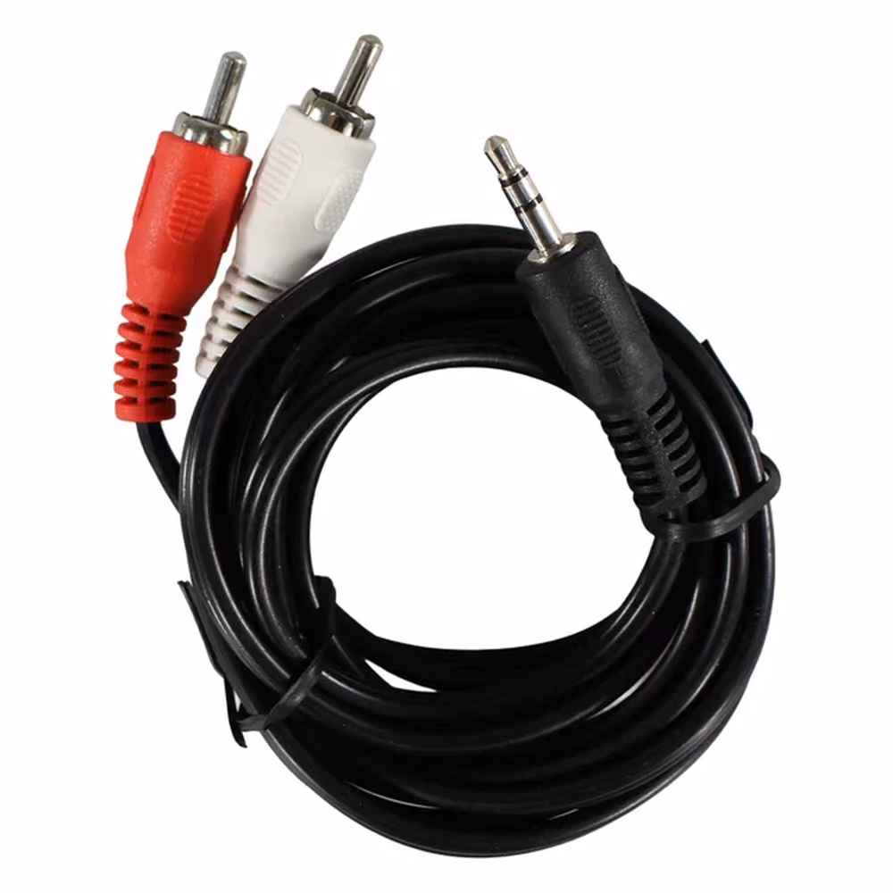Cable Estéreo Tecnolab TL739 enrollado, mostrando el plug 3,5 mm y los dos conectores RCA rojo y blanco