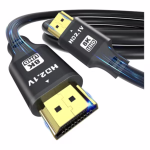 Cable HDMI 2.1 8K 60Hz negro, detalle de ambos conectores macho con marcado 8K UHD y HD2.1V