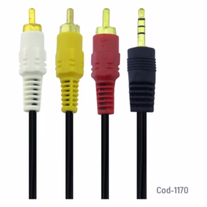 Cable RCA a Auxiliar 3.5 mm, detalle de los conectores RCA rojo, blanco y amarillo junto al plug 3,5 mm