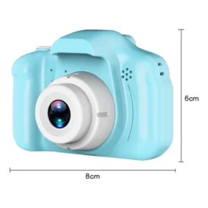 Cámara digital para niños color azul vista en ángulo con medidas