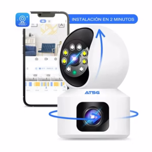 Cámara WiFi IP Doble Cámara 8MP ATSG blanca, vista principal junto a la app de instalación en 2 minutos