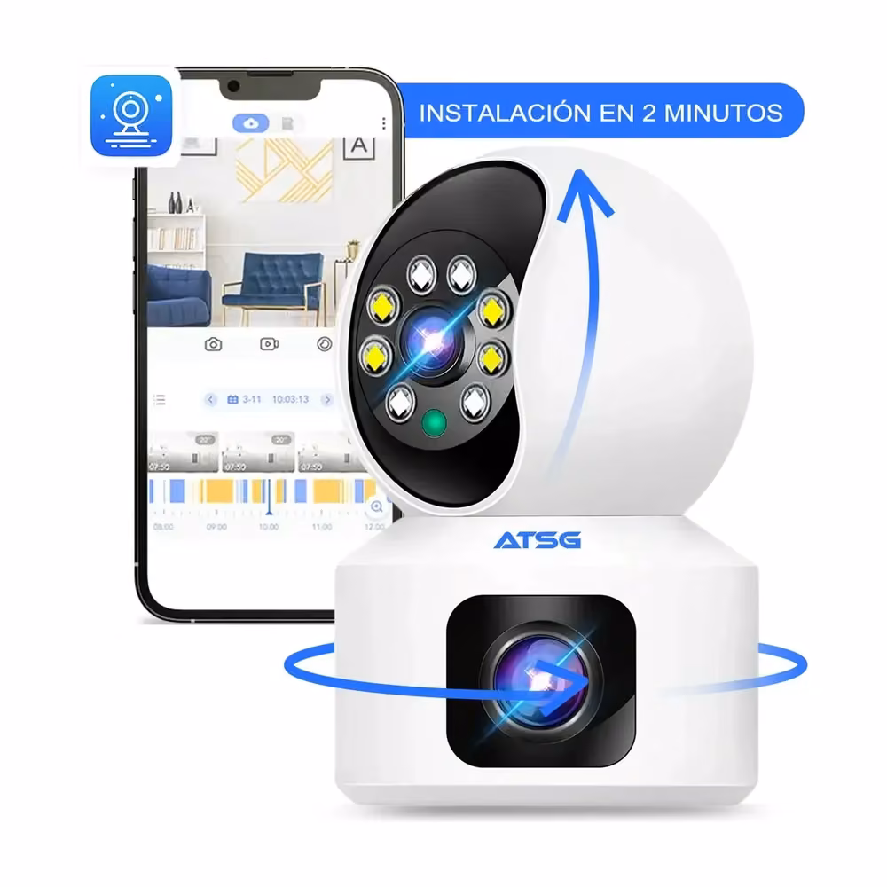 Cámara WiFi IP Doble Cámara 8MP ATSG blanca, vista principal junto a la app de instalación en 2 minutos