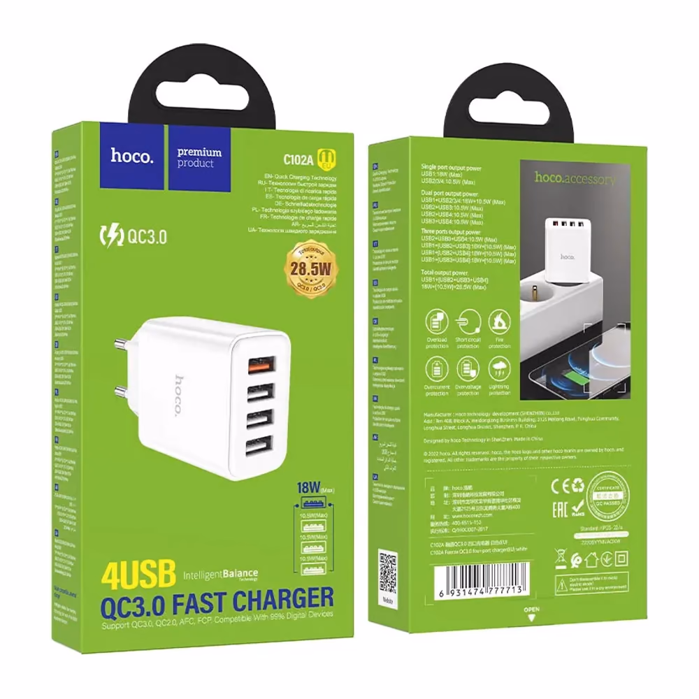 Empaque del cargador Hoco C102A de 4 puertos USB SKU 4882