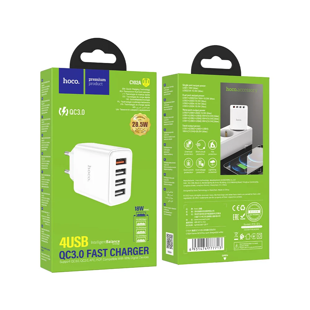 Empaque del cargador Hoco C102A de 4 puertos USB SKU 4882