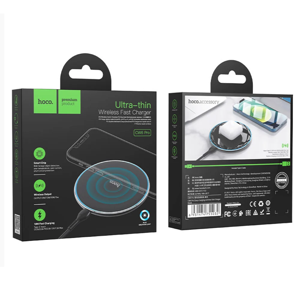 Cargador inalámbrico Hoco CW6 Pro Easy 15W con empaque SKU 4722