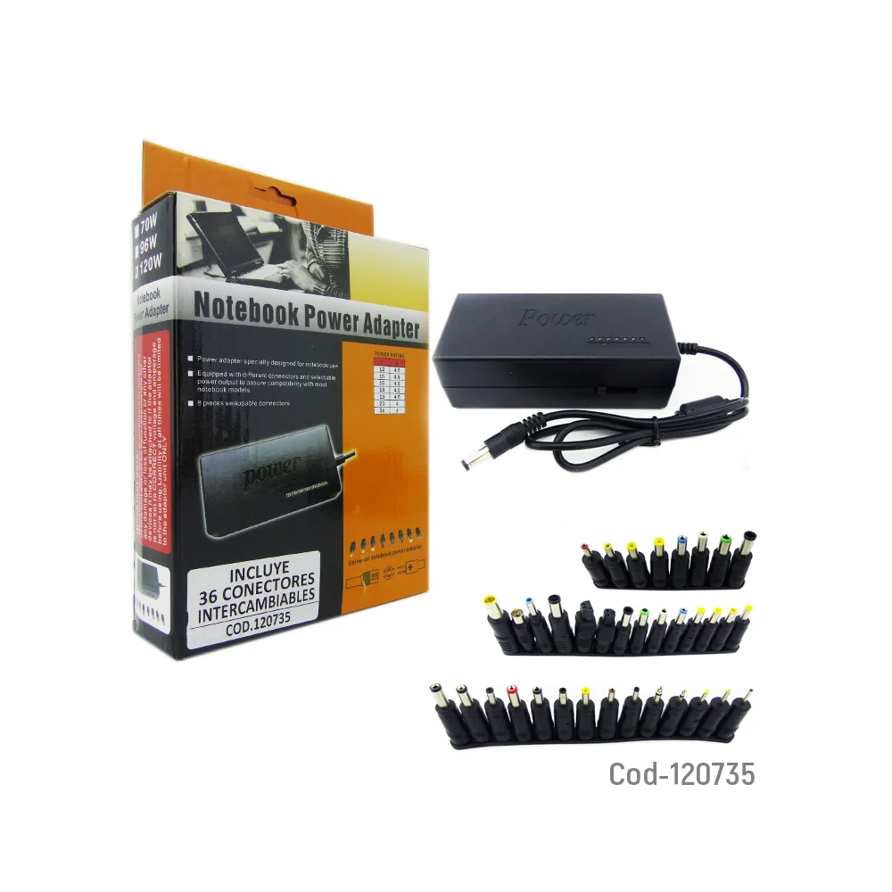 Cargador universal para notebook 120W con 36 puntas y empaque SKU 4885