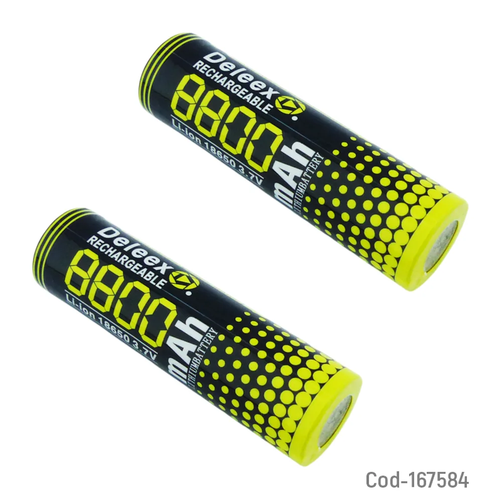 Empaque blíster con 2 baterías Deleex 18650 recargables