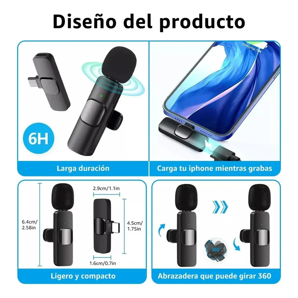 Diseño compacto y carga del micrófono inalámbrico doble Tipo C SKU 4895