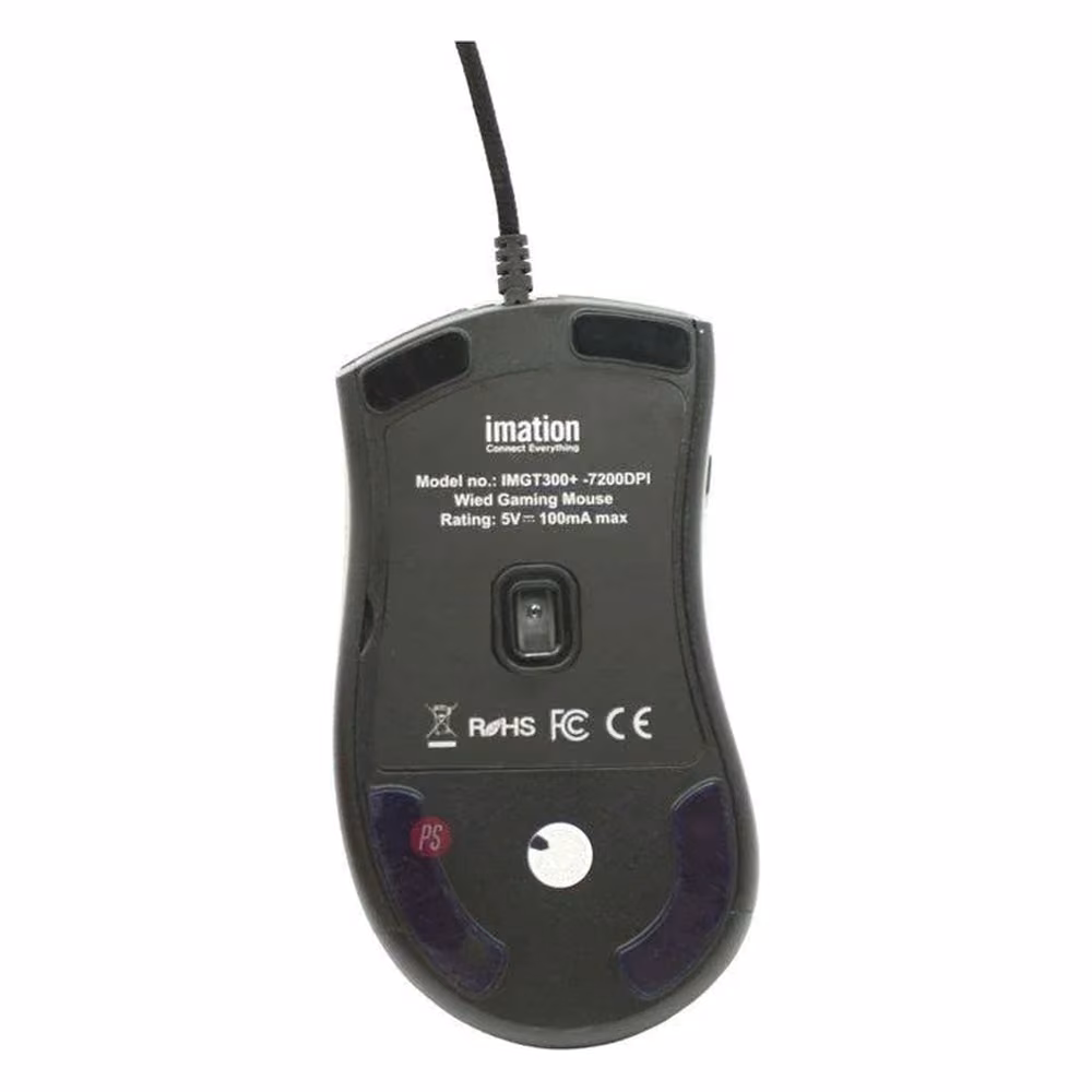 Mouse Gamer Imation IMGT300+, vista inferior con la etiqueta de especificaciones y el sensor óptico