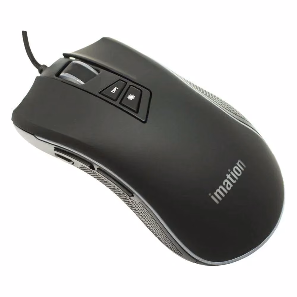Mouse Gamer Imation IMGT300+ negro, vista principal con botones DPI y rueda de scroll