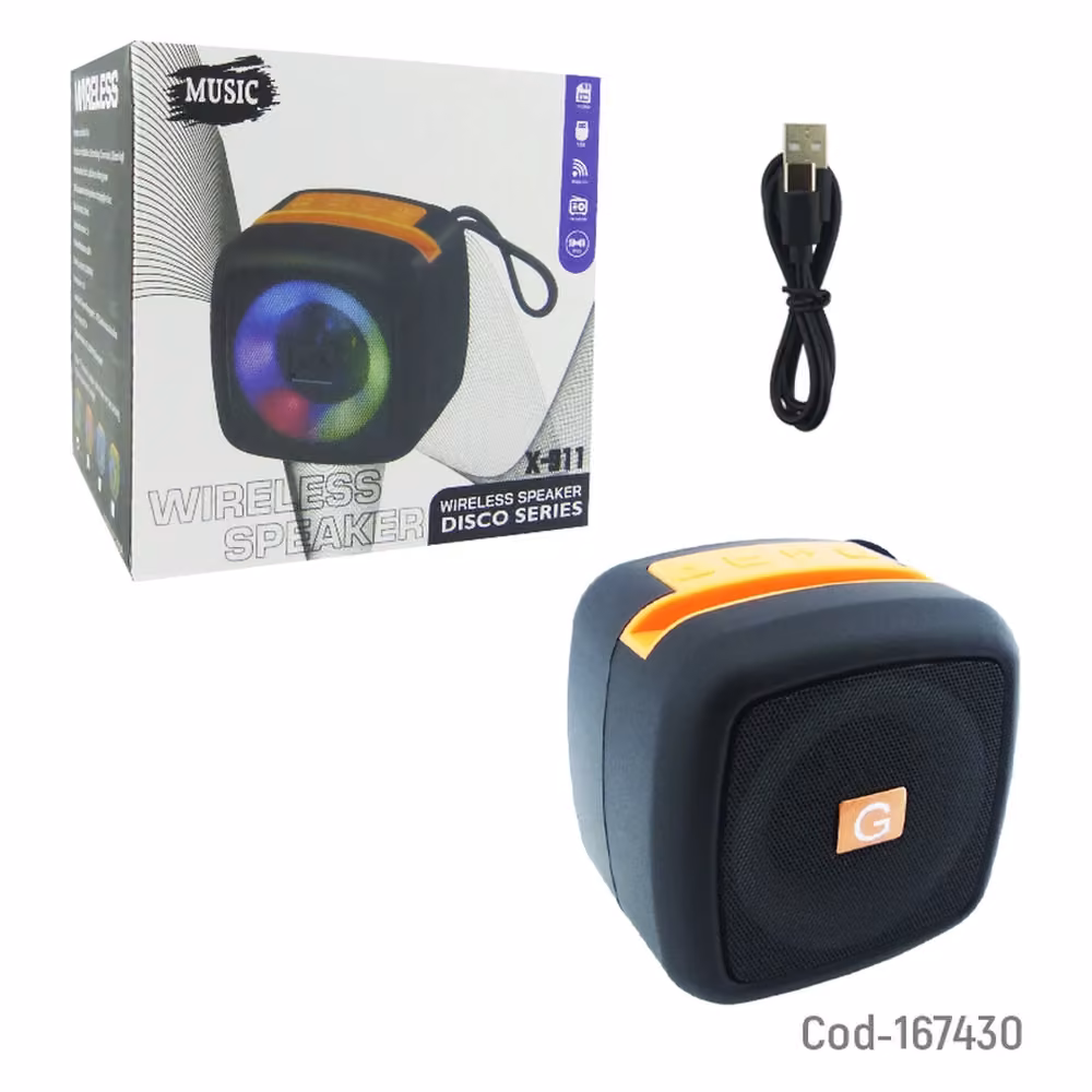 Caja original del Parlante Bluetooth MUSIC X-911, Wireless Speaker Disco Series, junto al cable de carga USB-C