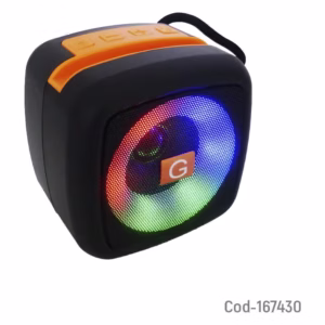 Parlante Bluetooth MUSIC X-911 negro con detalles naranjos, iluminación RGB encendida en el altavoz frontal