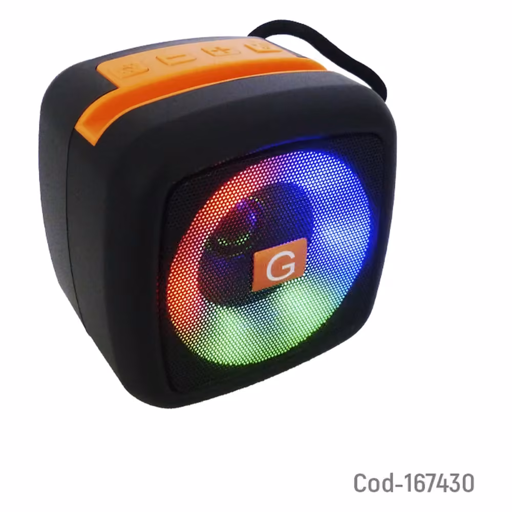 Parlante Bluetooth MUSIC X-911 negro con detalles naranjos, iluminación RGB encendida en el altavoz frontal