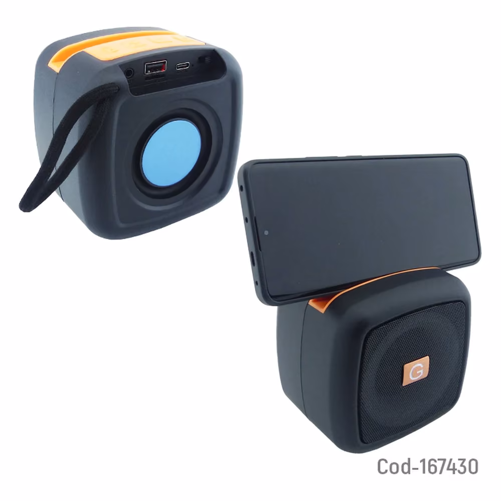 Parlante Bluetooth MUSIC X-911, detalle de los puertos USB y USB-C, y del soporte superior sosteniendo un smartphone