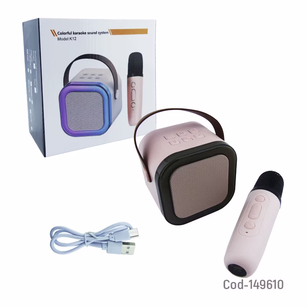 Parlante Karaoke Portátil K12 SKU 4854 con micrófono cable de carga y caja