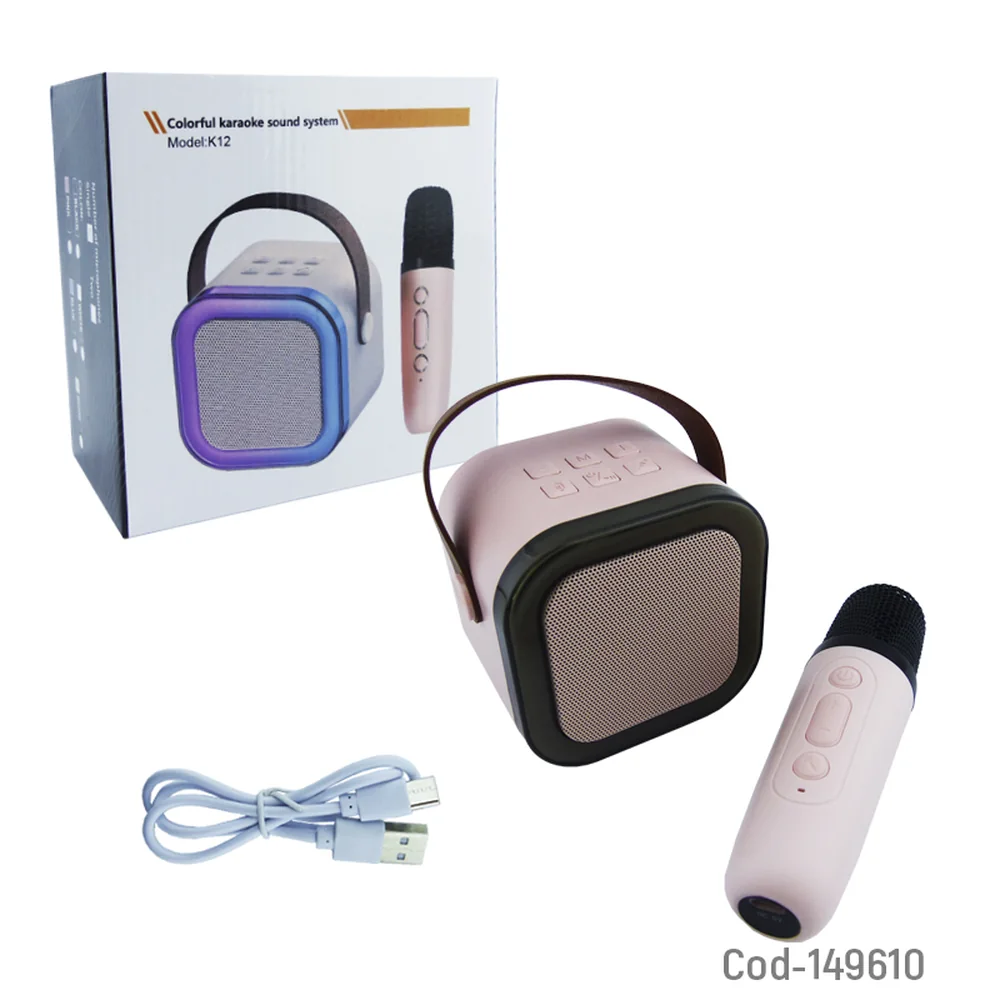 Parlante Karaoke Portátil K12 SKU 4854 con micrófono cable de carga y caja