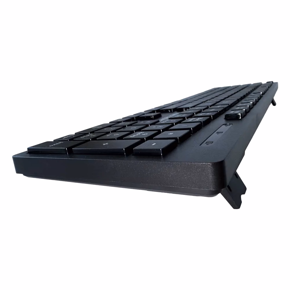 Teclado inalámbrico Tecmaster TM-100568 visto de perfil con patas de inclinación