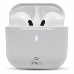 Audifonos Inalambricos Just Fly 2 Mlab Blanco, vista frontal del estuche abierto con los audífonos dentro