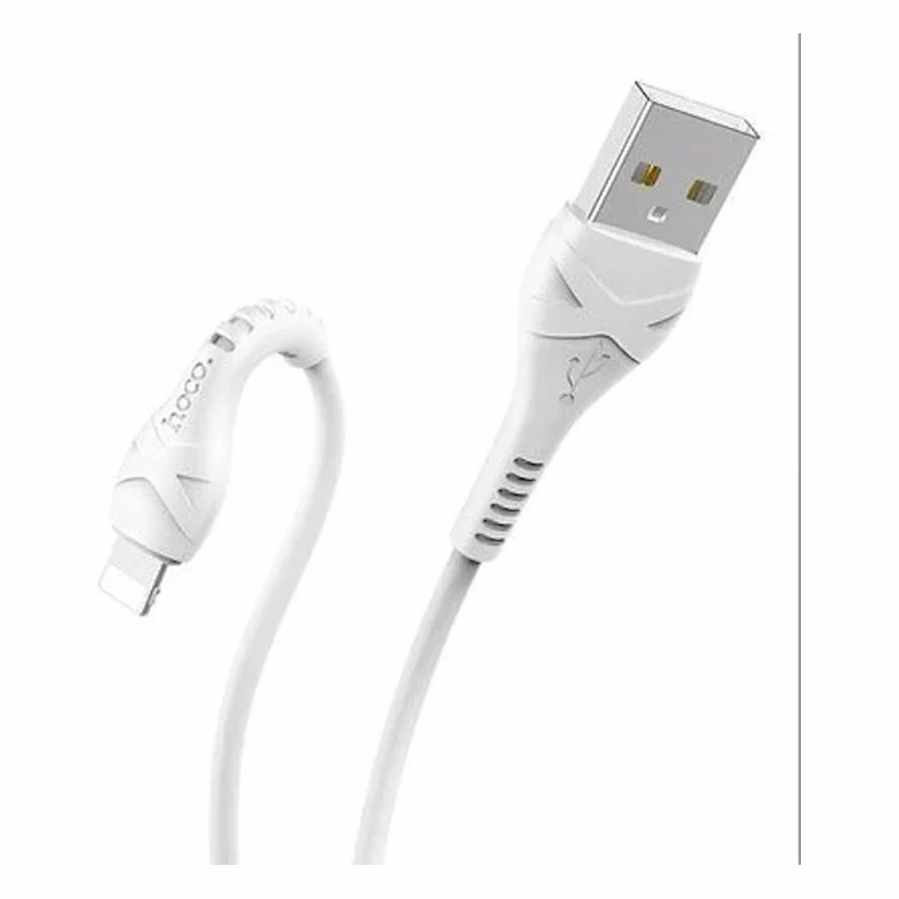 Cable USB a Lightning Hoco X20 1M Blanco, mostrando el conector Lightning y el conector USB tipo A