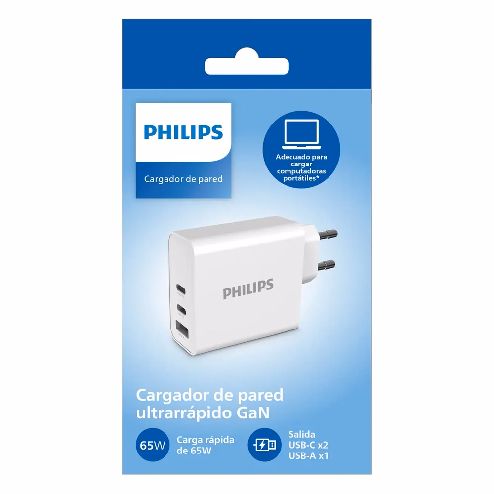 Caja original del Cargador de Pared 65W Philips DLP2683, con especificaciones de carga rápida GaN