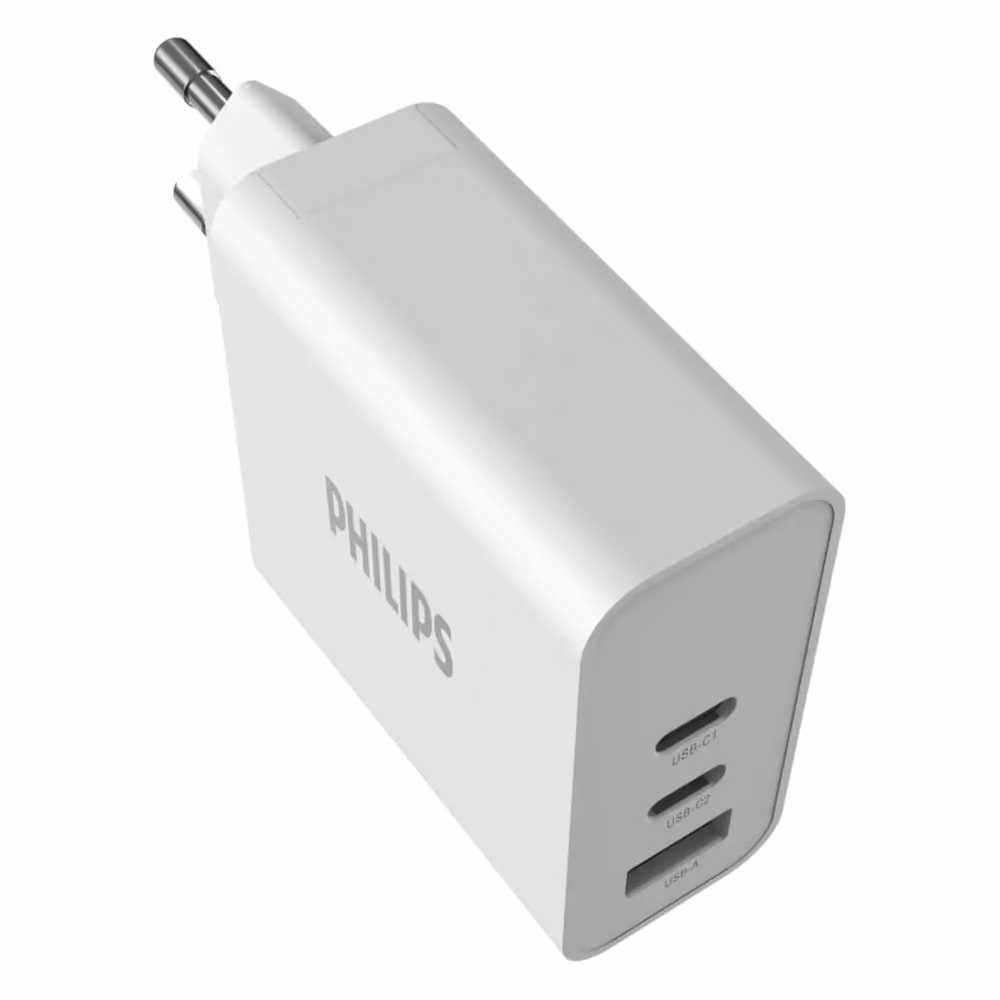 Cargador de Pared 65W Philips DLP2683, detalle de los puertos USB-C1, USB-C2 y USB-A etiquetados