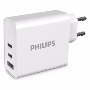 Cargador de Pared 65W Philips DLP2683 blanco, vista frontal con logo Philips y puertos USB-C1, USB-C2 y USB-A