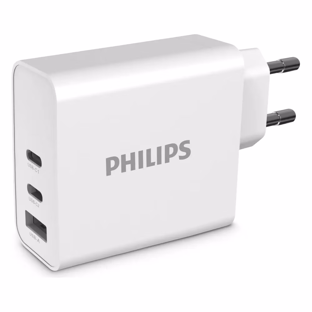 Cargador de Pared 65W Philips DLP2683 blanco, vista frontal con logo Philips y puertos USB-C1, USB-C2 y USB-A