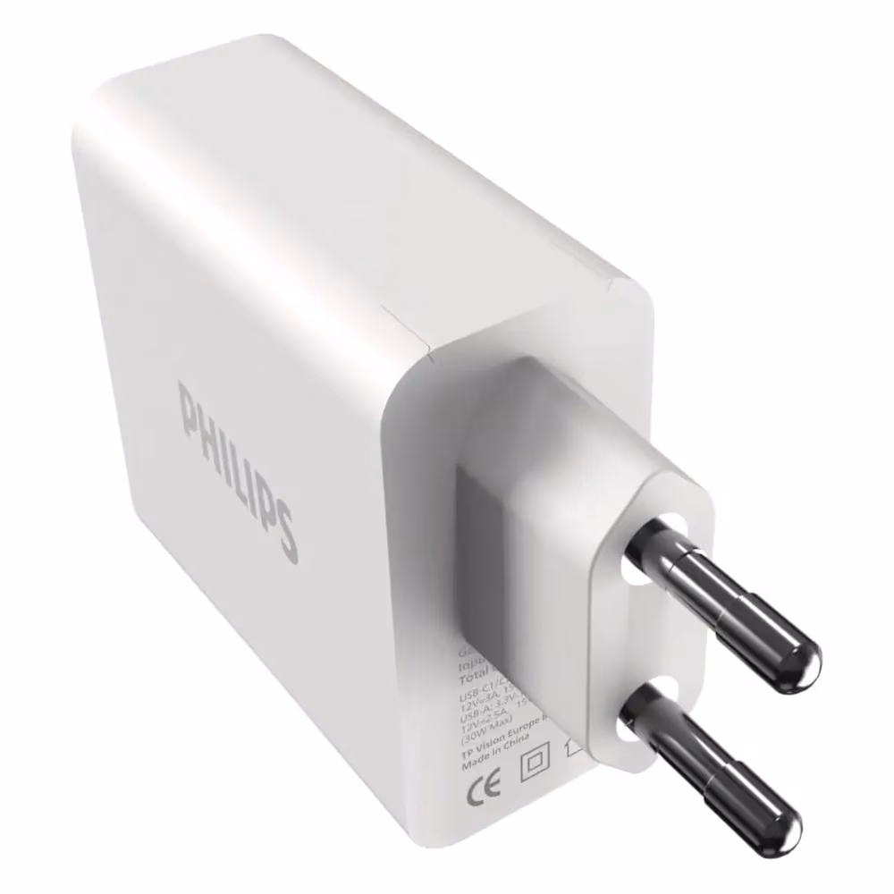 Cargador de Pared 65W Philips DLP2683, vista posterior con enchufe europeo y especificaciones de entrada impresas