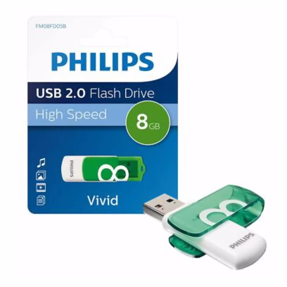 Pendrive Philips Vivid 8GB junto a su empaque en Talca - Imextec