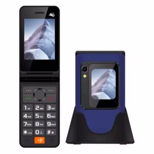 Telefono Senior Tecnolab TL705 azul abierto junto a su base de carga