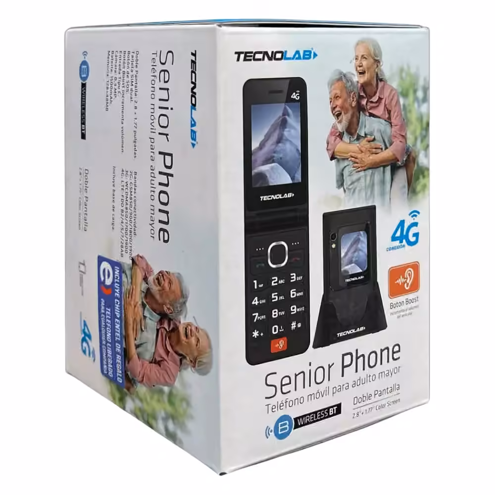 Caja original del Telefono Senior Tecnolab TL705 con especificaciones y chip Entel de regalo