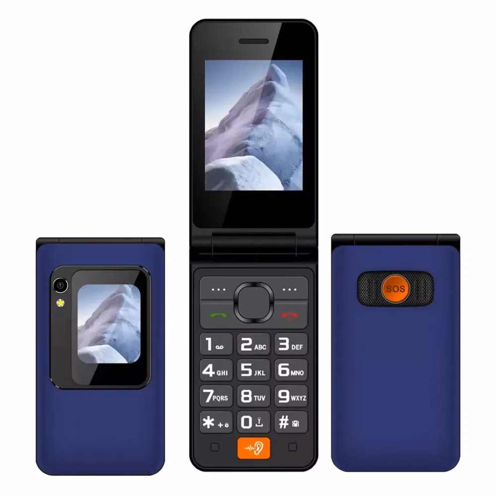 Telefono Senior Tecnolab TL705 azul, vistas posterior, frontal abierto con teclado y botón SOS